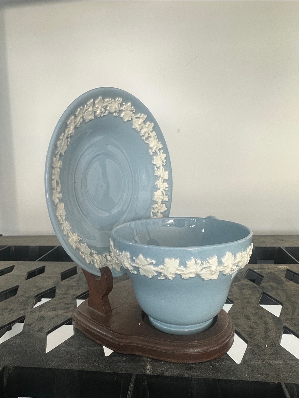 Wedge wood Light Blue Ceramic Teacup & Saucer Set with White Floral Relief